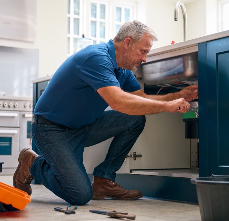 Plumber fixing garbage disposal under kitchen sink