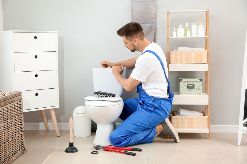 Plumber fixing/installing toilet